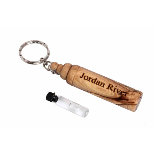 An Olive Wood Key Chain Contains Holy Water from the Jordan River