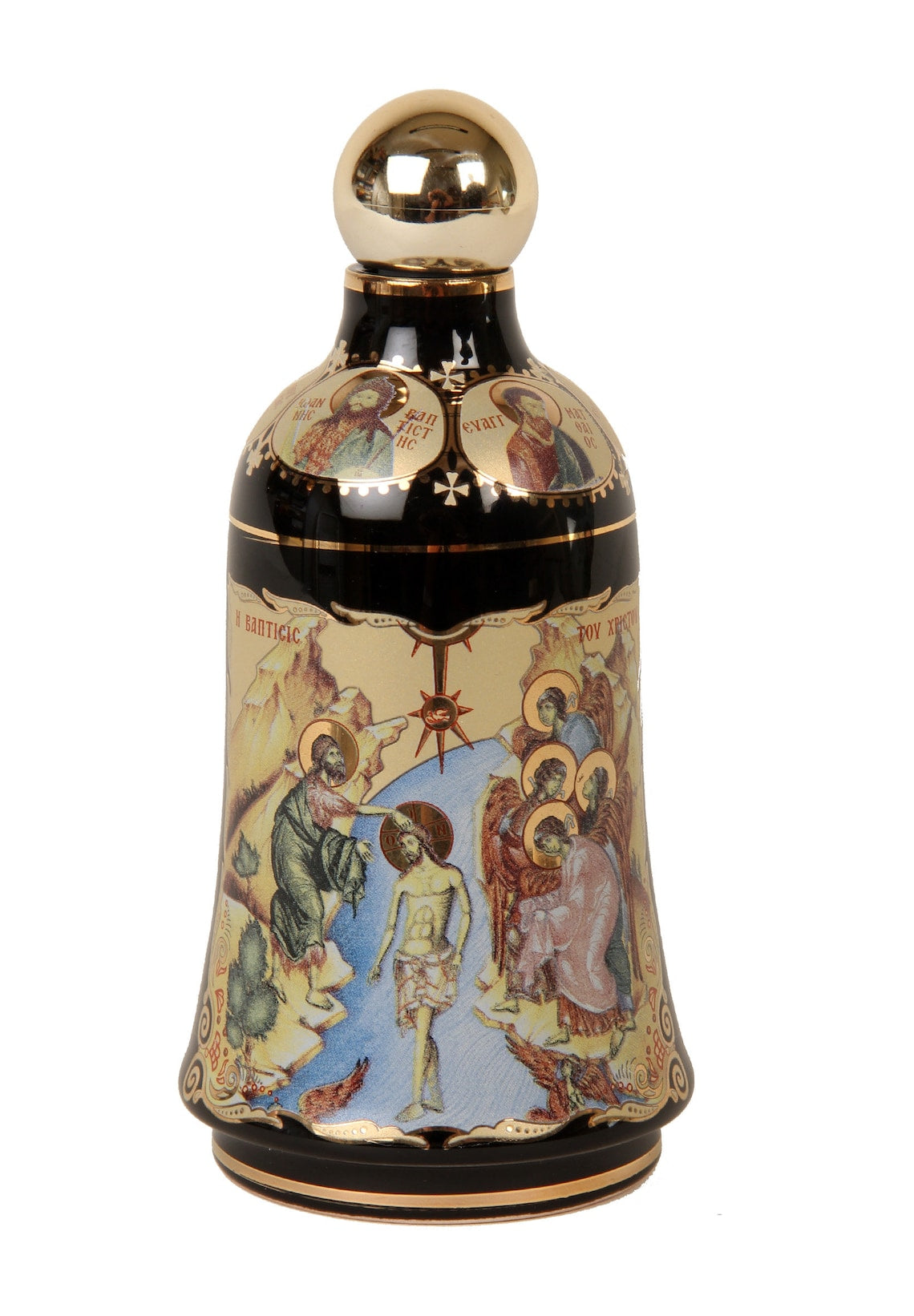 Holy Water from the Jordan River where Jesus Christ was Baptized and Blessed contained in a 24K Gold Hand Painted Bottle with Baptism Scene.